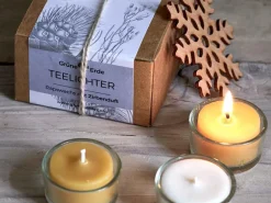 12 Teelichter aus Bienenwachs, ohne Duft, 1 Glaseinsatz