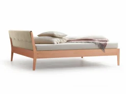 Bett Almeno mit Polsterbetthaupt, 90 x 200 cm, Wollstoff Stavang Sand (66), Buche