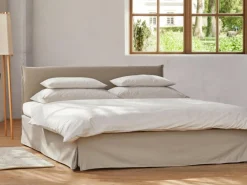 Bett Jukai Pur, mit Betthaupt und Betthaupthousse, inkl. integriertem Lattenrost, 160 x 200 cm, Baumwollstoff Ondula Greige (139), Buche