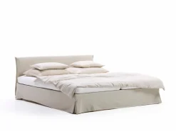 Bett Jukai Pur, mit Stoffhoussen, inkl. integriertem Lattenrost, 180 x 200 cm, Baumwollstoff Ondula Greige (139), Buche