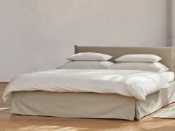 Bett Jukai Pur, mit Stoffhoussen, inkl. integriertem Lattenrost, 160 x 200 cm, Baumwollstoff Ondula Greige (139), Buche