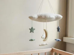 Handgefilztes Kindermobile mit Sternen, Wolken und Mond, 100 % Schurwolle (Schaf)