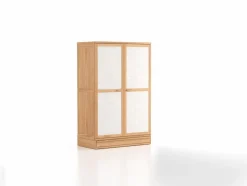 Kleiderschrank Kurami mit Drehtüren 2-türig, Ladenkonsole, Wollstoff Tano Natur Hell (80), Buche