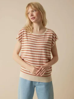 Kurzarmpullover aus Bio-Baumwolle, 52 ringel crème-mahagoni, XL, GOTS