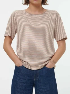 Kurzarmshirt aus Bio Leinen/Baumwolle, 79 nougat/offwhite ringel, 38, GOTS