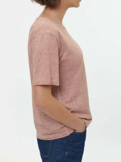 Kurzarmshirt aus Bio Leinen/Baumwolle, 76 weiss/kastanie ringel, 36, GOTS