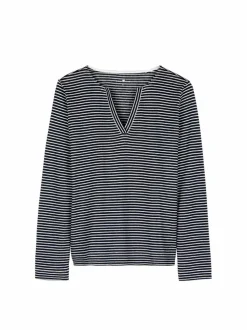 Langarmshirt aus Bio Leinen/Baumwolle, 55 navy/offwhite ringel, 38, GOTS