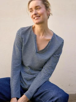 Langarmshirt aus Bio Leinen/Baumwolle, 55 navy/offwhite ringel, 38, GOTS