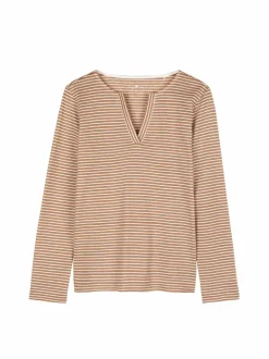 Langarmshirt aus Bio Leinen/Baumwolle, 79 nougat/offwhite ringel, 38, GOTS