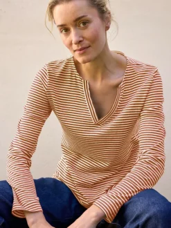 Langarmshirt aus Bio Leinen/Baumwolle, 79 nougat/offwhite ringel, 38, GOTS