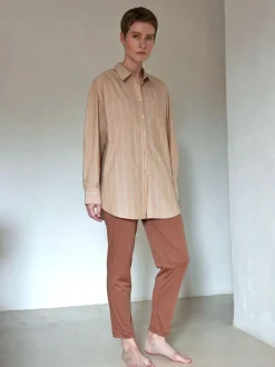 Pyjamahemd, 100 % Bio Baumwolle, 89 camel/blau gestreift, M, GOTS