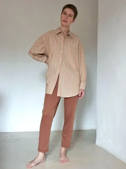 Pyjamahemd, 100 % Bio Baumwolle, 89 camel/blau gestreift, M, GOTS