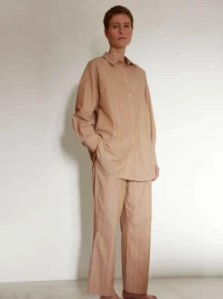 Pyjamahemd, 100 % Bio Baumwolle, 89 camel/blau gestreift, M, GOTS