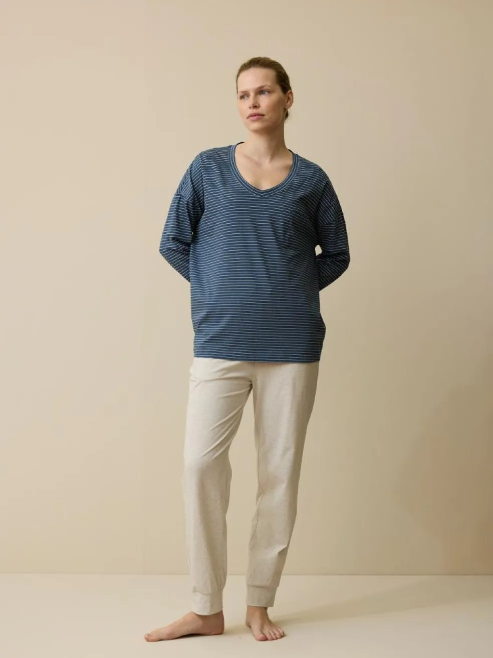 Schlafshirt aus Bio-Baumwolle, 84 blau/natur melange ringel, L, GOTS