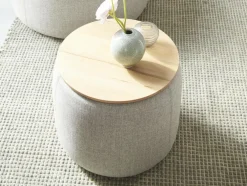 Sofatisch/Hocker Tambor mit Stauraum u. Holzdeckel, H 34,3 cm, Ø 39 cm, Bezug Wollstoff Tano Natur Dunkel (81), Buche