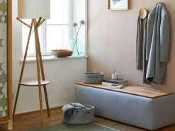 Truhe Tambor rechteckig, B 143 cm x T 48 cm x H 41 cm, Bezug Wollstoff Tano Natur (79), Buche