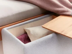 Truhe Tambor rechteckig, B 143 cm x T 48 cm x H 41 cm, Bezug Wollstoff Tano Natur (79), Buche